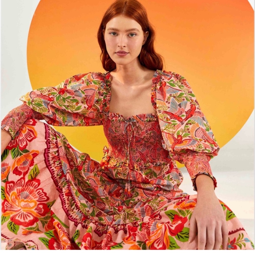 Farm Rio Pink Macaw Flight 100% Cotton Eyelit Smocked Maxi Dress Small